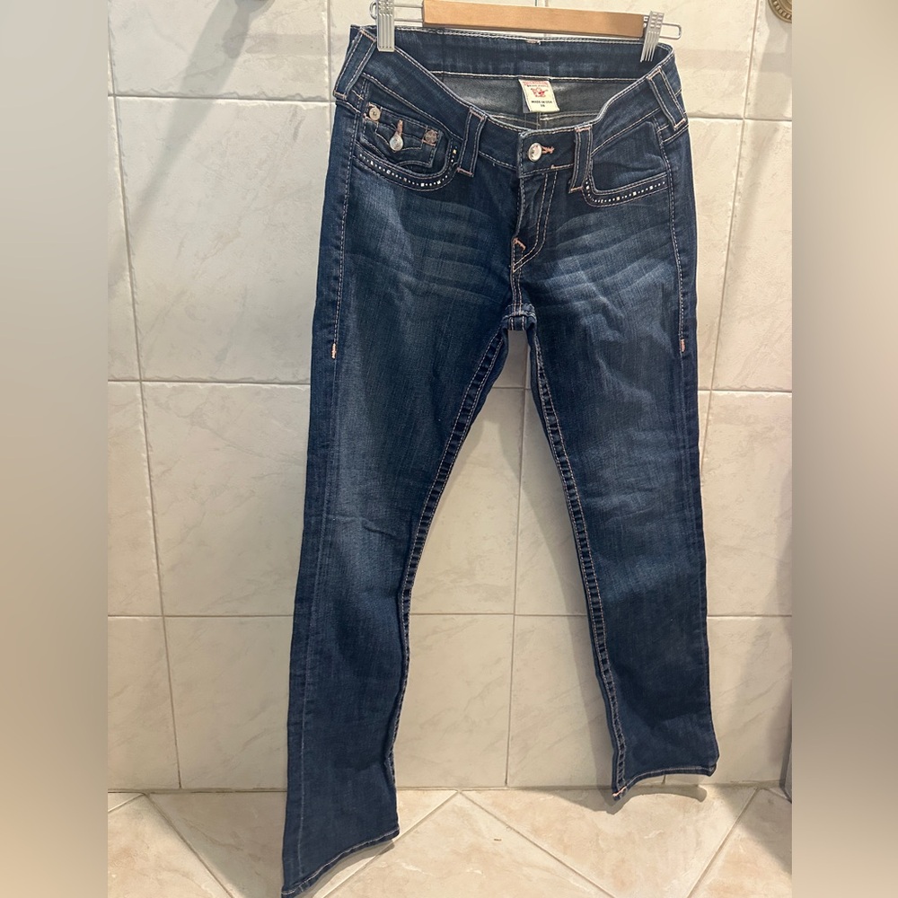 True Religion Women's straight leg Blue Jeans with rhinestone details